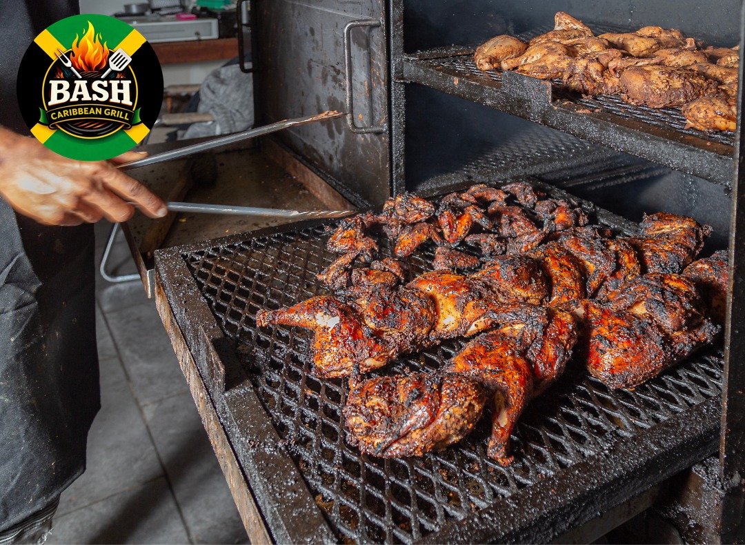 Jerk chicken on charcoal grill